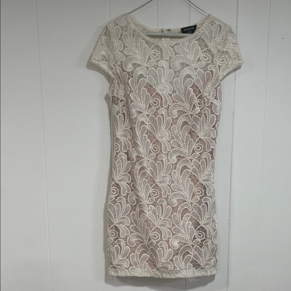 Bebe White Sequin Lace Mini vintage Vintage Cocktail Glam Sz Small coquette 90s - Picture 2 of 10